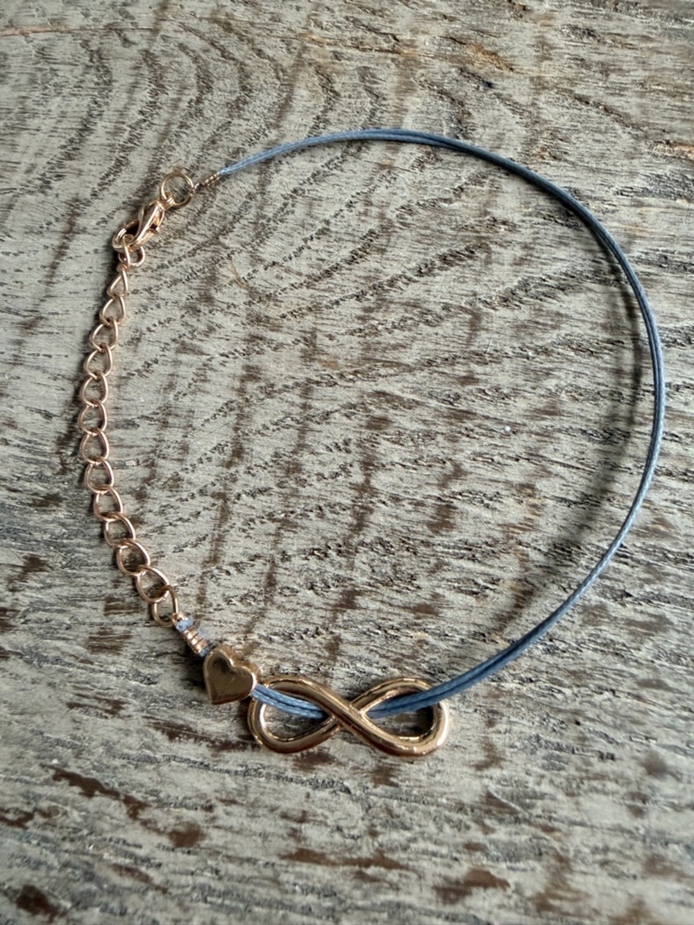 Vintage Gold Infinity & Heart Bracelet with Gray Cord eternal love retro